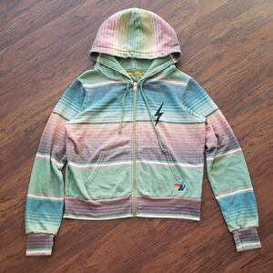 Aviator Nation Striped Multicolor Trendy Edgy Bolt Full Zip Hoodie Size XS